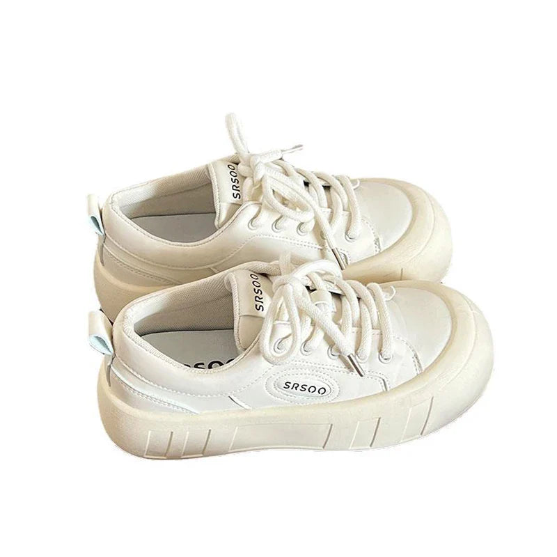 binfenxie Women Little White Shoes Advanced Versatile Thick Bottom Casual Sneakers  New Solid Color Lace-up Sports Board Shoes Women