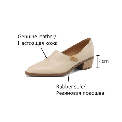 Futurecen  -  NEW Spring Women Loafers Pointed Toe Chunky Heel Shoes Genuine Leather Shoes for Women Concise High Heels Slip-on Women Pumps