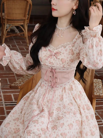 binfenxie Spring Pink Floral Elegant Dress Women Bandage Lace Print Sweet Vintage Dress Puff Sleeve Kawaii Dress Women Princess Fairy