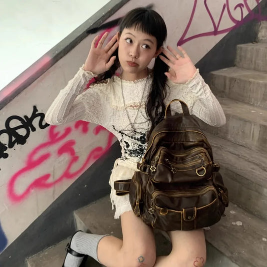 binfenxie Vintage Y2k Womens Backpack Brown Original Casual Large Capacity Leather Men Travel Backpack Designer Fashion Female Bag