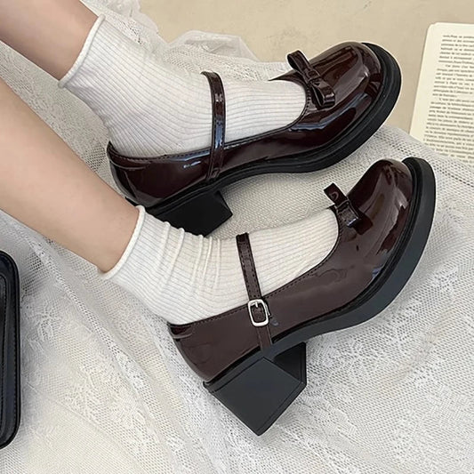 Futurecen  -  Women Mary Jane Pumps Ladies Chunky Heel Lolita Shallow Bow-knot Sandals Female Fashion Retro College Girl Sweet Round Toe Shoes