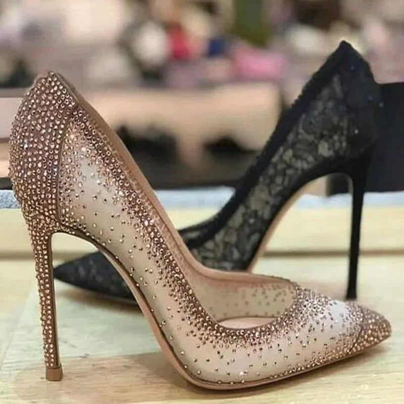 Sexy Mesh Rhinestone Patchwork High Heel Shoes Champagne Glittering Heels Pumps Bling Bling Crystal Wedding Dress Shoes Bride