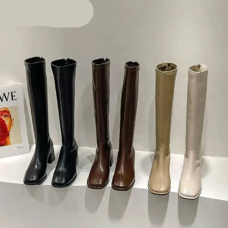 Slim Woman High Boots Fashion Women Knee-High Boots High Heel Women's Shoes Winter Soft Leather Long Boots