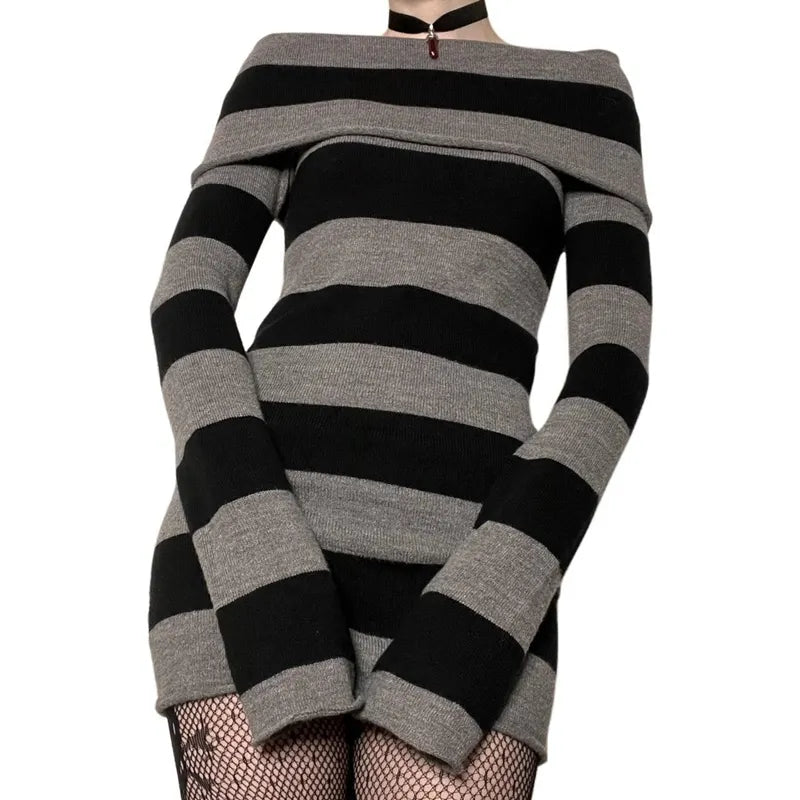 binfenxie Y2K Striped Sweater Mini Dress Mall Goth Grunge Emo Bodycon Chic Women Off Shoulder Full Sleeve Slim Fit Dresses 00s Vintage