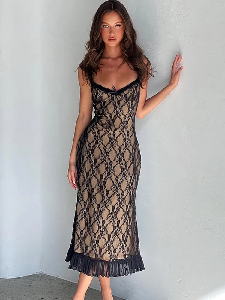 Elegant Lace Print Sexy Maxi Dress For Women Spaghetti Strap Sleeveless Backless Bodycon Club Party Sexy Long Dress