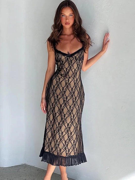 Elegant Lace Print Sexy Maxi Dress For Women Spaghetti Strap Sleeveless Backless Bodycon Club Party Sexy Long Dress