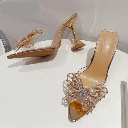 Futurecen Fashion Style Crystal Bowknot Women Slippers Sexy Pointed Toe Strange Heels PVC Transparent Pumps Sandals Slides Shoes