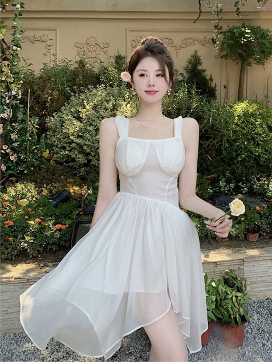 Summer Sexy Mini Sweet White Dress For Women Holiday Sleeveless Irregular Y2k One Piece Korean Party Casual Chiffon Vestidos