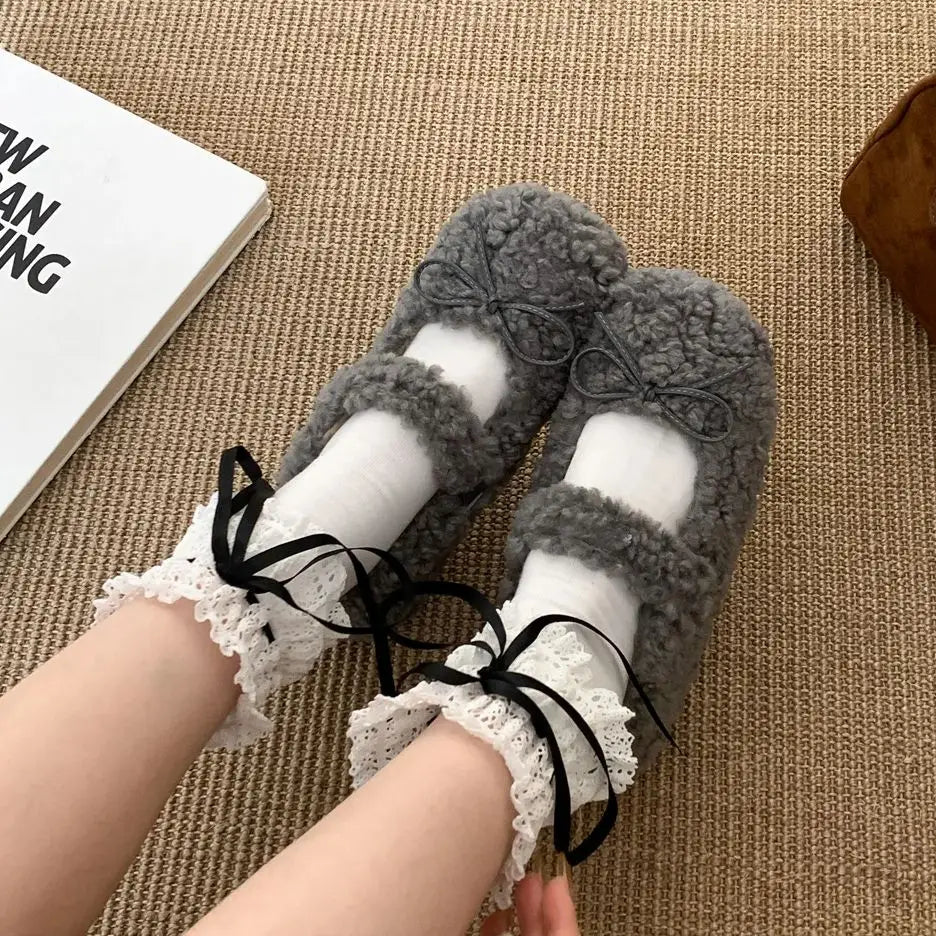 binfenxie  -    Winter New Women Flat Shoes Fashion Furry Ladies Casual Mary Jane Shoes Soft Outdoor Dress Round Toe Ballerinas Shoes