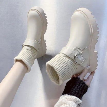 Short Shoes for Women Chunky Mary Janes Footwear White Booties Lolita Sock Female Ankle Boots Platform Elastic Trend New In