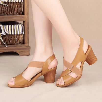 Women Summer Sandals Platform Round Mid Heel Back Strap Peep Toe Pu Leather Beach Casual Fashion Shoes Ladies Female Whosale