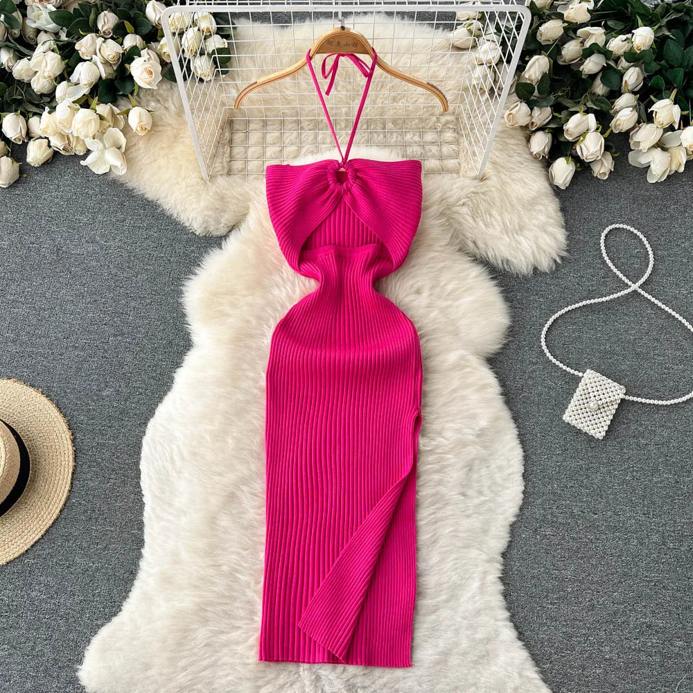 binfenxie Chic Fashion Sexy Package Hips Split Knitted Summer Dress Women Slim Elastic Bodycon Party Dress Streetwear Outfits