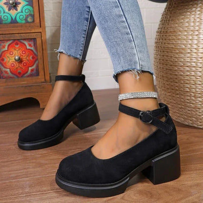 Futurecen  -  Women's Fashion Pumps Sweet Woman Thick High Heels Ankle Strap Flock Female Platform Mary Jane Women OL Shoes Ladies Footwear