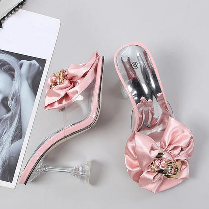 Transparent Slippers For Women  Summer Fashion Pink Butterfly-knot Designer Sandals Clear Heels Size 46 Female Shoes