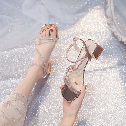 Summer Square Heels Ladies Shoes Rhinestones Footwear Open Toe Sandals for Women Diamond Party Weddings Trend Korea Shoe H