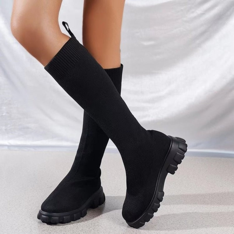 Women's Boots Knitting Socks Platform Chelsea Mid Calf Trend Chunky Black Knee High Elegant Plus Size New European Style