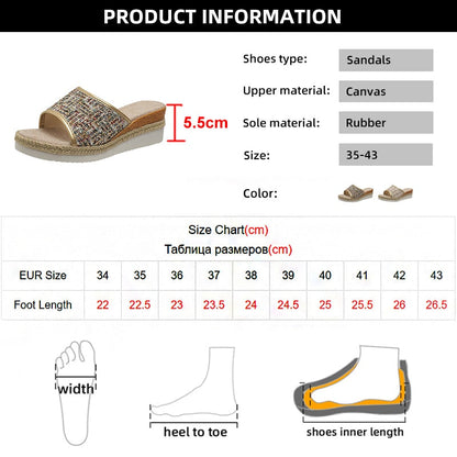 Fashion Striped Platform Slippers Women Summer Canvas Wedge Sandals Woman Plus Size Non Slip Casual Slippers