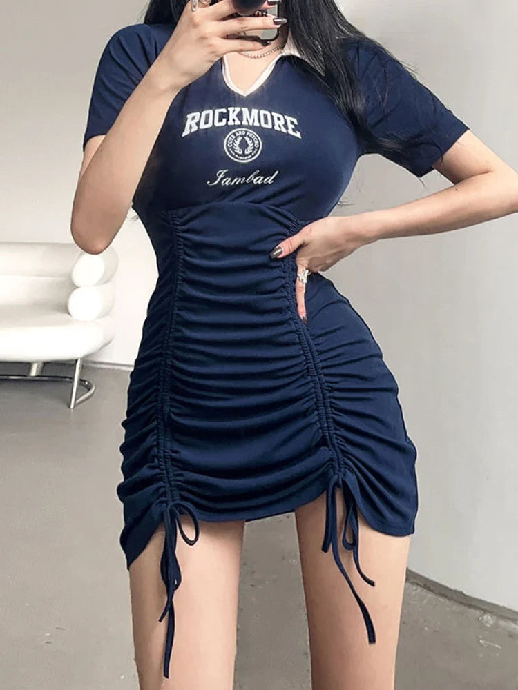 binfenxie Sexy Streetwear Mini Dress Women Bodycon Preppy Style Polo Collar Bandage Letter Print Y2k Dresses Summer High Street