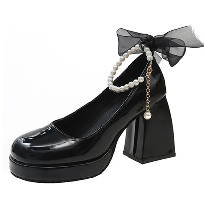 Pearl Ankle Strap Platform Pumps for Women Super High Heels Patent Leather Mary Jane Shoes Woman Lace Bowknot Dress Shoes Ladies