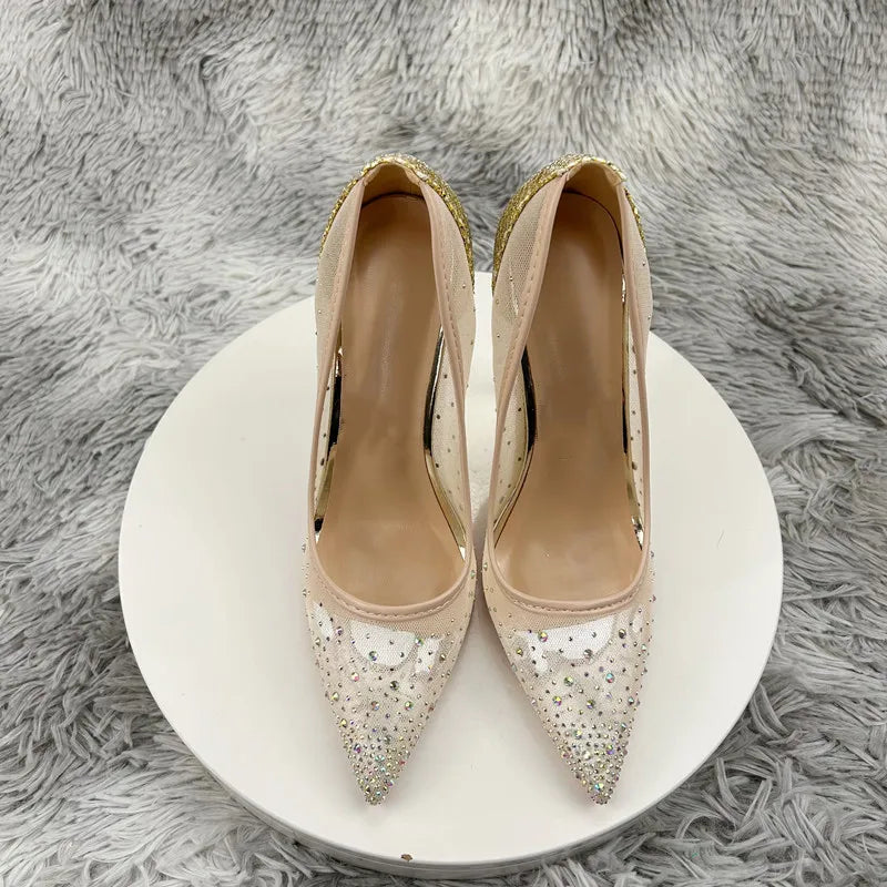 Futurecen Bling Gold Sequins Women Summer Gauze Rhinestones Pointed Toe Stiletto Pumps for Wedding Elegant Bridal High Heel Shoes