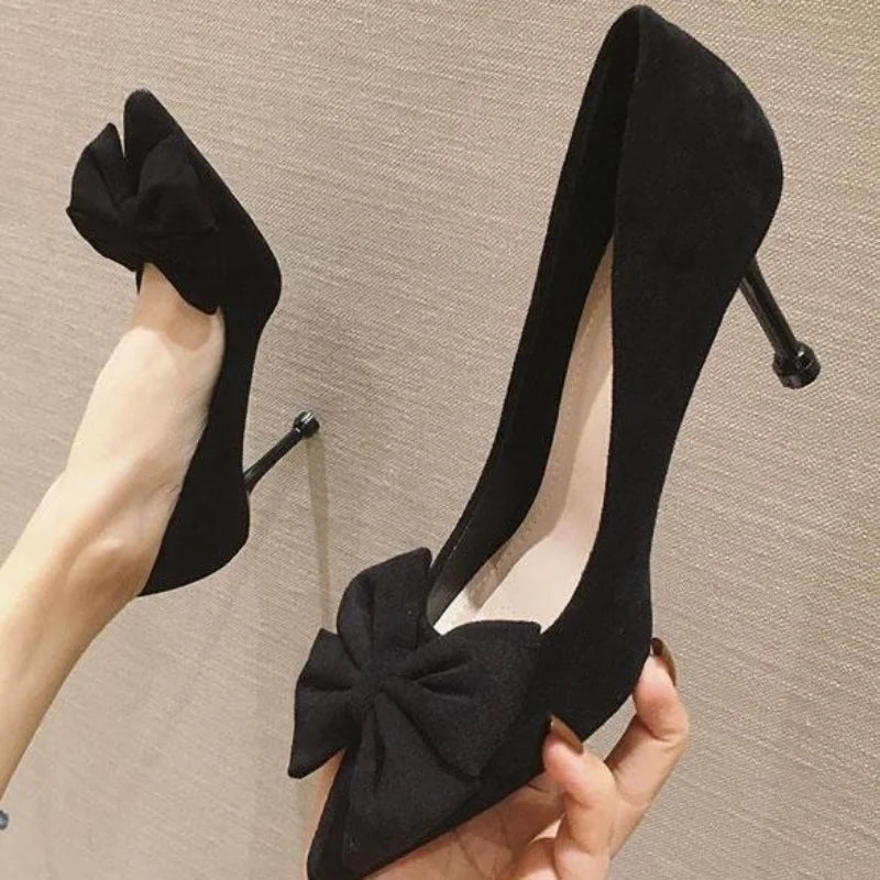 Shoes for Women Super High Heel Ladies Summer Footwear Black Office Stilito Pointed Toe with Bow Genuine Mark Slip on Shoe