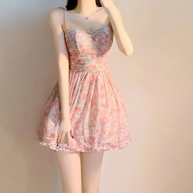 binfenxie Sweet New Pink Sexy Dress Sweet Fresh Style Fragmented Flowers Print Waist Wrapped Slim Student Summer Short Lovely