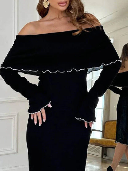 binfenxie Autumn Black Dress For Women New Long Sleeves Slash neck Bodycon Fashion Sexy Stralght Dress Casual Party Club Elegant Dresses