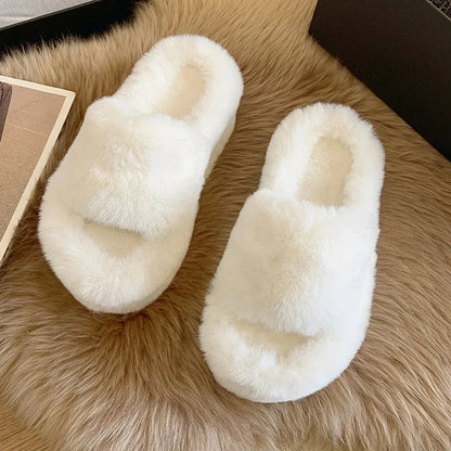 New Summer Fur Chunky Slippers Women Fashion Open Toe Platform Flats Heels 7cm Female Summer Comfort Beach Slides Shoes