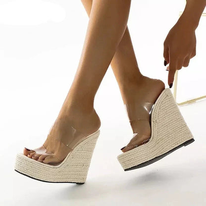 Summer PVC Transparent Peep Toe Cane Straw Weave Platform Women Wedges Slippers Sandals Fashion High Heels Female Shoes