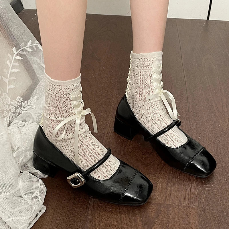 Women Mary Jane Shoes Fashion Eelgant Shallow Buckle Ladies Thick Heel Shoes Comfort Dress Silvery Pumps