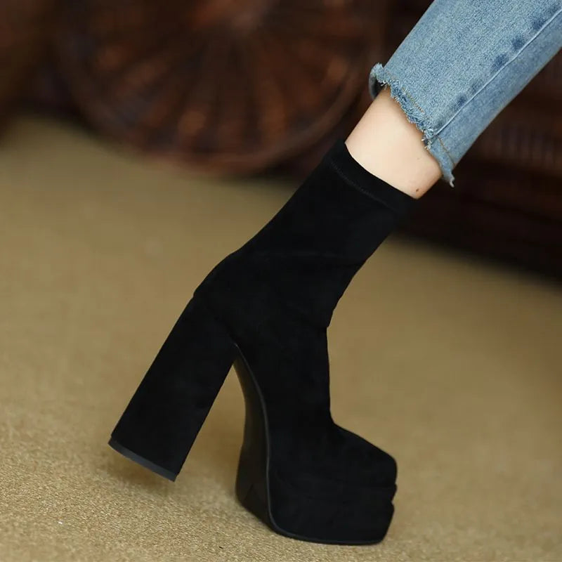 Footwear Chunky Women's Ankle Boots Very High Heels Booties Heeled Short Shoes for Woman Suede Platform Sock with Free Shipping