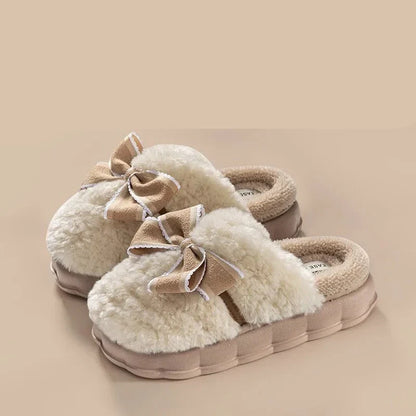 Women's Designer cute Home Platform Shoes  Winter Elegant Warm Furry Bow Slippers Causal Comfort House Bedroom Shoes Slides