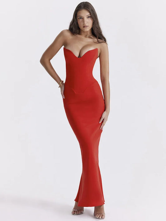 Strapless Off-shoulder Sexy Maxi Dress For Women Gown Fashion Elegant With Fishbone Bodycon Night Club Party Dress