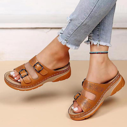 Fashion Double Buckle Wedge Slippers Women Summer Brown PU Leather Platform Sandals Woman Casual Non Slip Beach Flip Flops