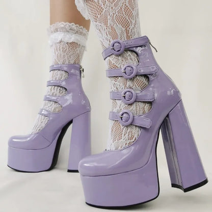 New purple Lolita sweet 15cm high heels thick bottom bow women's shoes round head hollow out buckle single shoes size 36-47