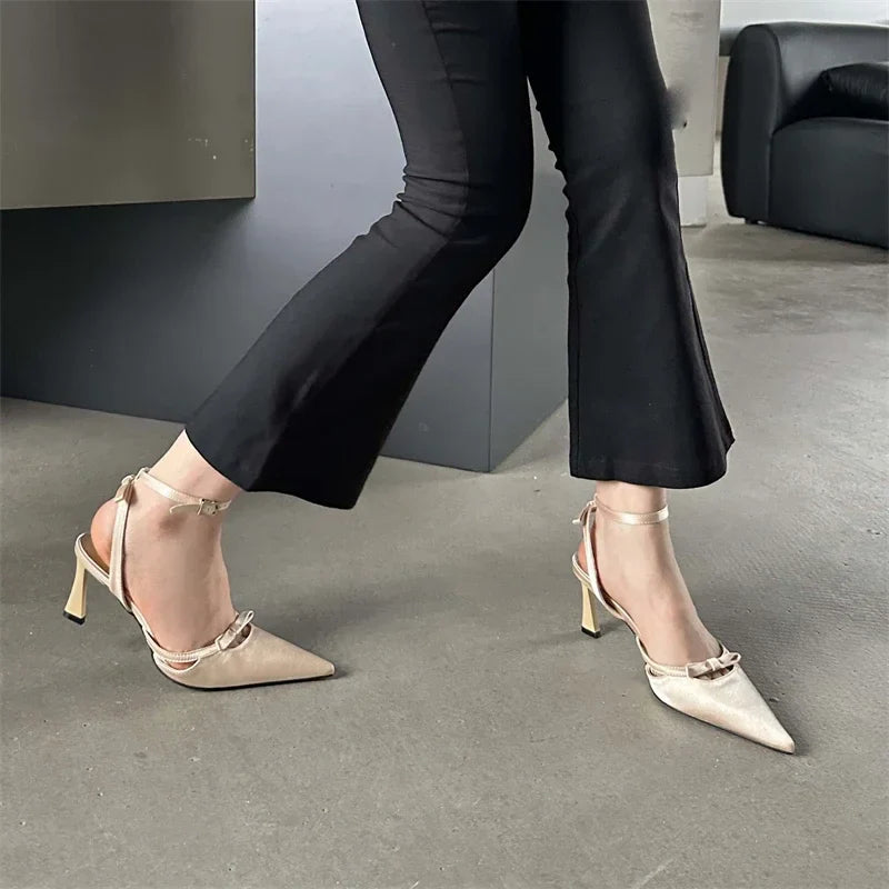 Futurecen 2024 New Design Ankle Buckle Strap Women Pumps Sandals Thin Heels Pointed Toe Shallow Slingback Mules Tacones Mujer