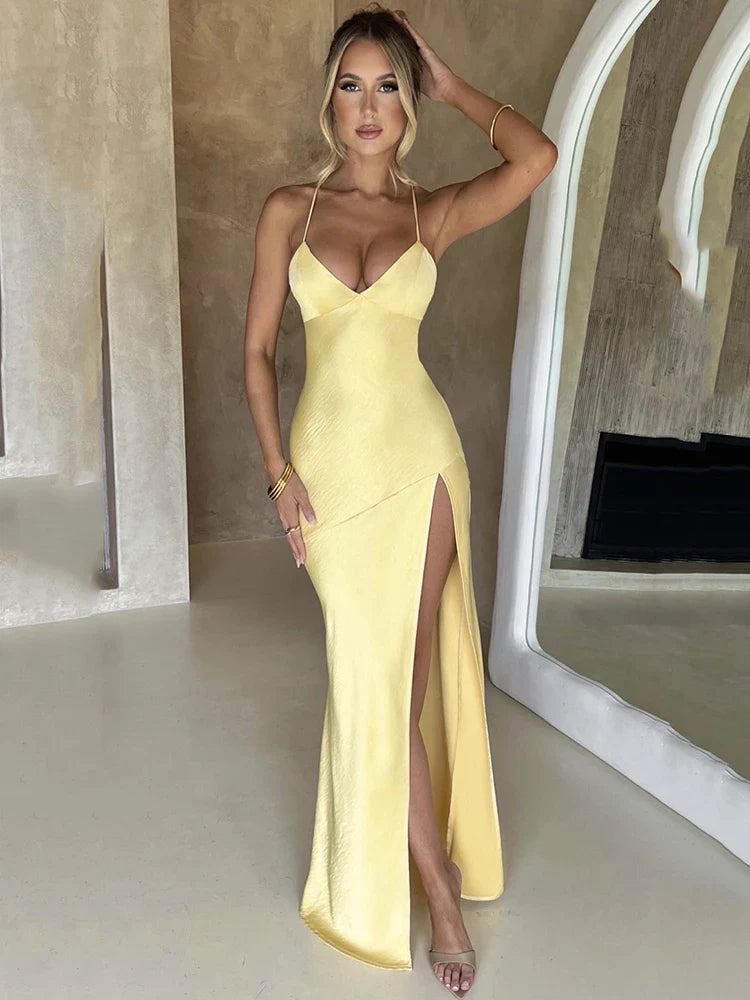 Sexy Strapless Satin Maxi Dress Women Open Back High Slit Slim Dress Women Spring Summer Elegant Party Club Vestidos