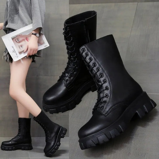 New Thicken Winter Knight Boots Women Knee High Long Square Heel Boots Retro Thick Motorcycle Boots Black White Botas Mujer