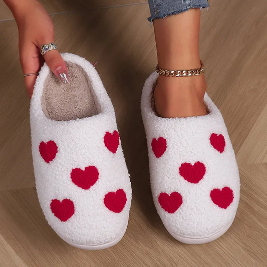 Women's Warm Lambswool Slippers Heart Printed Plush Home Slippers Shoes for Women Non Slip Soft Bottom Slides Ladies