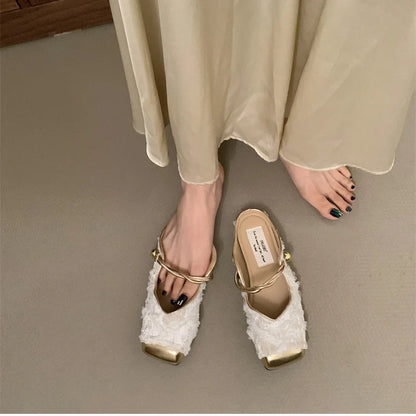 binfenxie Summer Women Mules Slippers Fashion Elegant Slip On Singbacks Slides Shoes Ladies Comfort Square Toe Flats Sandalias