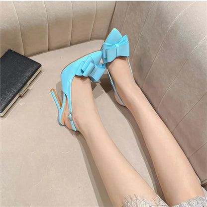 Futurecen Classics High Heels Women Bule Leather Bowknot Pointed Toe Stiletto Fashion Buckle Strap Slip On Slingback Shoes Pumps