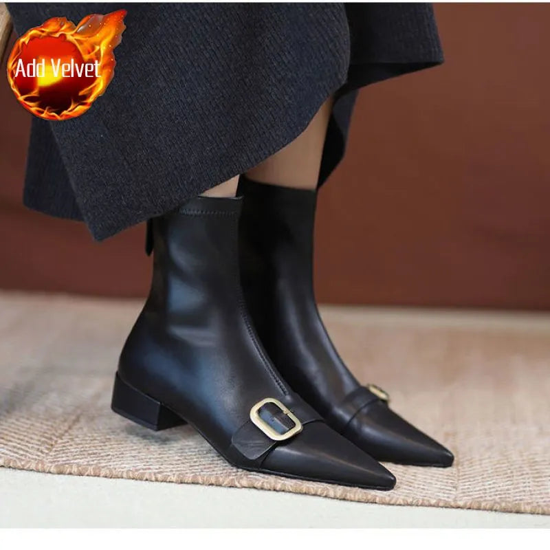 Footwear Black Short Shoes for Women Elegant with Low Heels Booties Work Female Ankle Boots Pointed Toe Designer Luxury Autumn