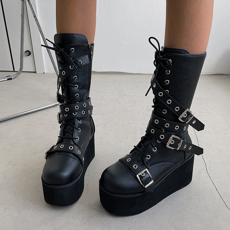 Punk Metal Buckle Platfom Ankle Boots Women  Autumn PU Leather Chunky Heels Gothic Shoes Woman Thick Bottom Motorcycle Botas