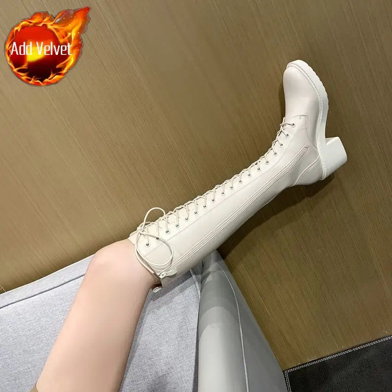 Footwear Long Ladies Boots Elegant Heeled High Heels Shoes for Women Lace-up Winter Knee Shaft with Laces White Spring Autumn Pu