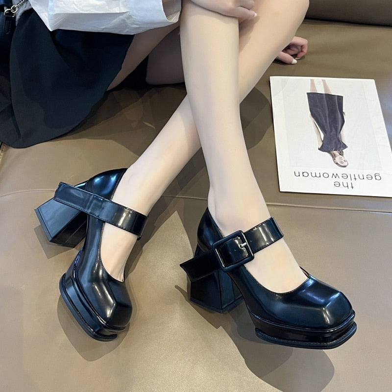 Black White Platform Mary Jane Shoes for Women Heels Retro Square Toe Buckle Women Pumps  Super High Heels Dress Shoes