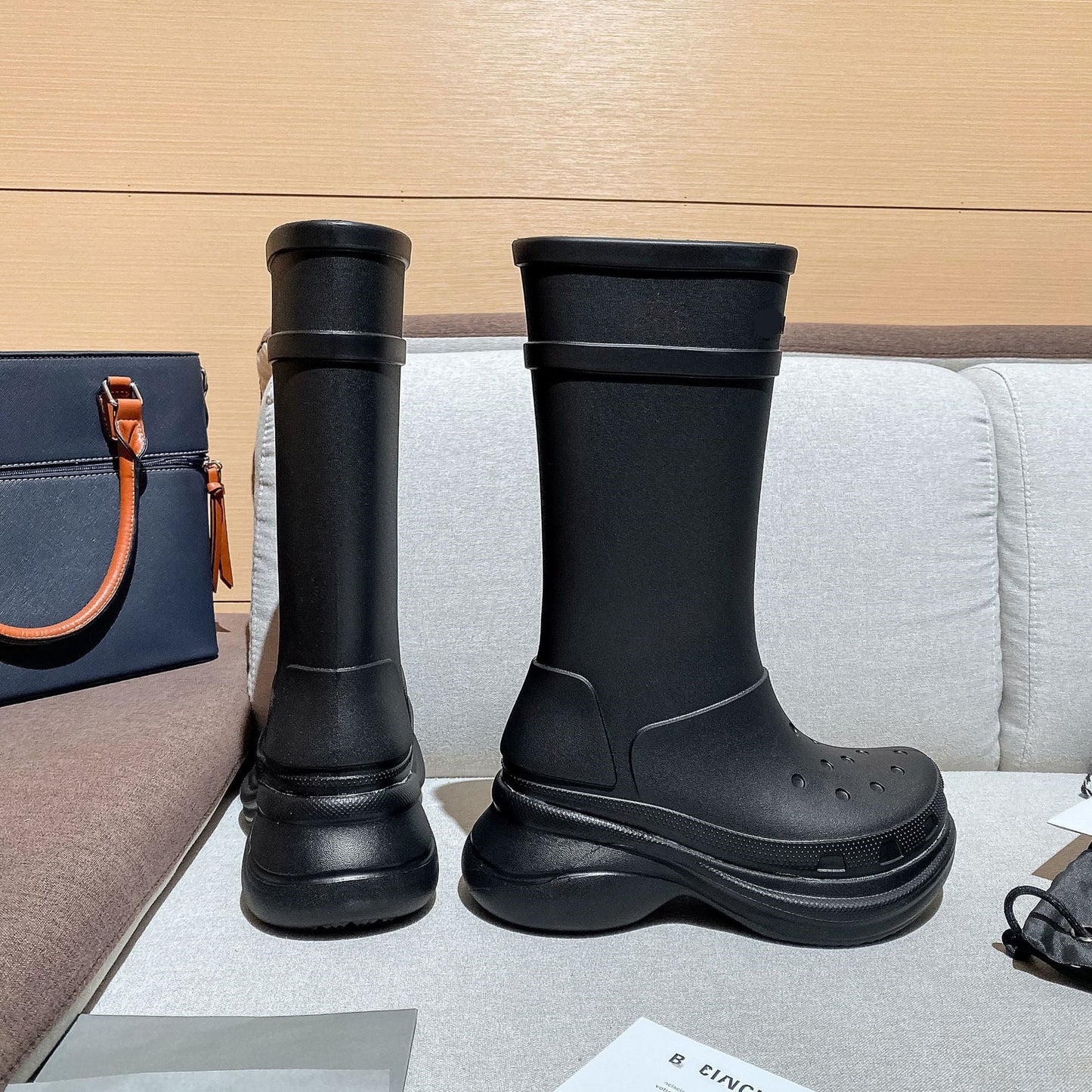 Luxury brand Rain Boots Women Waterproof Thick Sole Mid Calf Boots Comfort Round Toe Slip On Boots Men 35-42