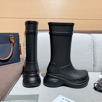 Luxury brand Rain Boots Women Waterproof Thick Sole Mid Calf Boots Comfort Round Toe Slip On Boots Men 35-42