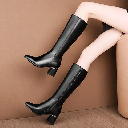 Shoes for Woman Long Winter Knee High Shaft Footwear Leather Women's Boots Fur Brown Pointed Toe Chic and Elegant Fashion