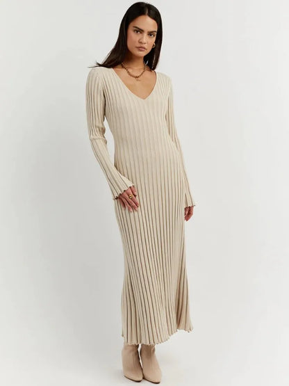 Solid Elegant Ribbed Women Knitted Midi Dress Fashion V-neck Long Sleeve Lace Up Dresses Autumn Lady Chic Streetwear Robe