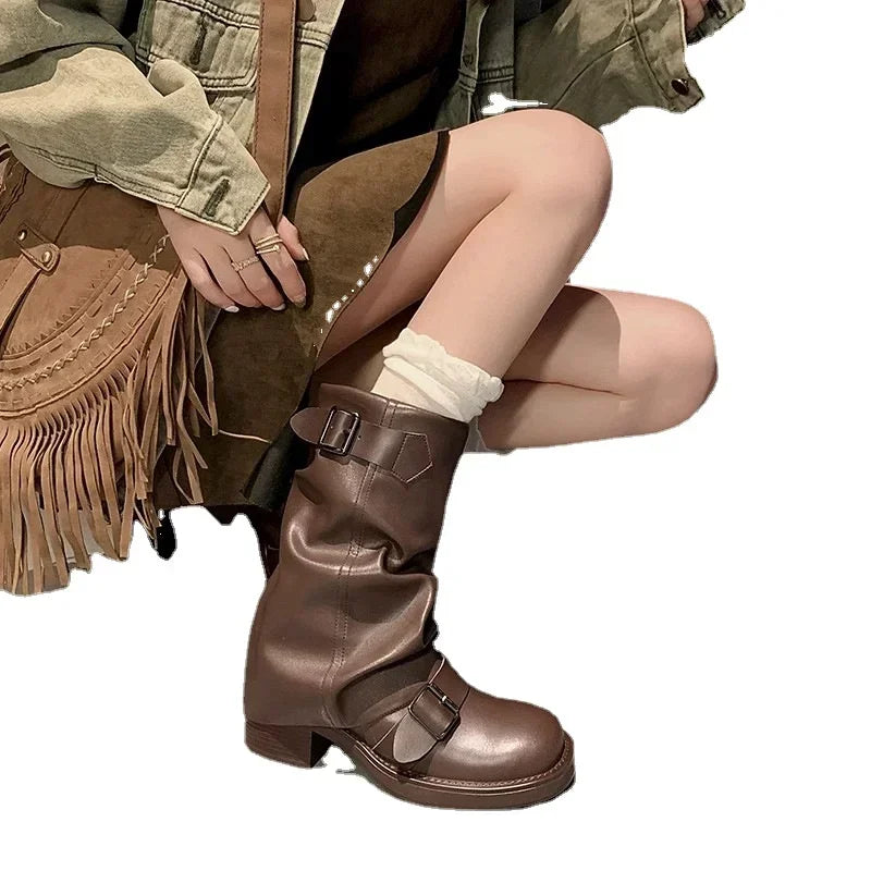 Pleated Buckle Knight Boots for Women Autumn Brown PU Leather Mid Calf Boots Woman Slip-On Thick Heel Riding Botas Mujer 2024